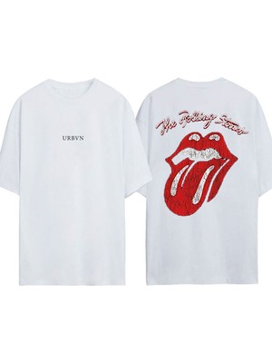 Urbvn Stones 1 Tasarım Baskılı Beyaz Oversize T-Shirt