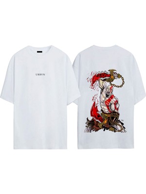 Urbvn God Of War Tasarım Baskılı Beyaz Oversize T-Shirt