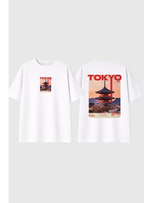 Urbvn Tokyo 5 Tasarım Baskılı Beyaz Oversize T Shirt