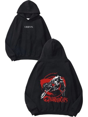 Urbvn Thunder Cat Tasarım Baskılı Oversize Siyah Kapüşonlu Sweatshirt