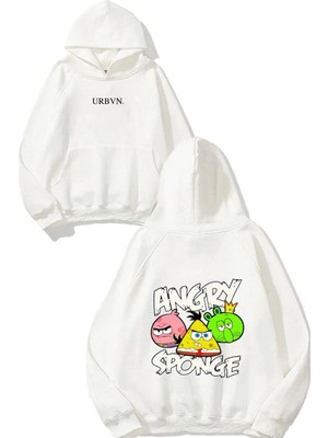 Urbvn Angry Sponge Tasarım Baskılı Oversize Beyaz Kapüşonlu Sweatshirt