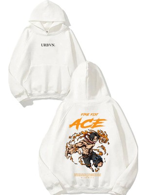 Urbvn Fire Fist Tasarım Baskılı Oversize Beyaz Kapüşonlu Sweatshirt
