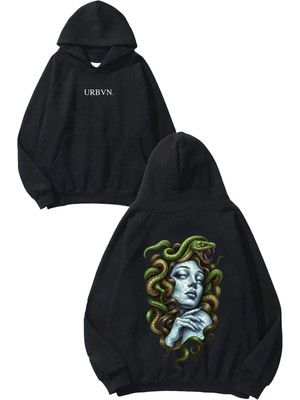 Urbvn Snake And Girl Tasarım Baskılı Oversize Siyah Kapüşonlu Sweatshirt