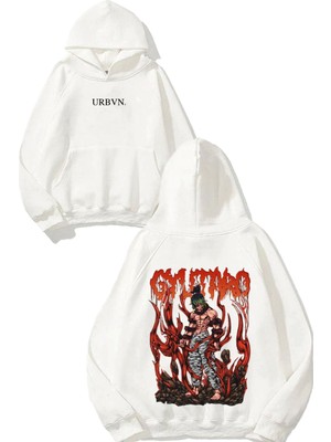 Urbvn Anime Red Warrior Tasarım Baskılı Oversize Beyaz Kapüşonlu Sweatshirt