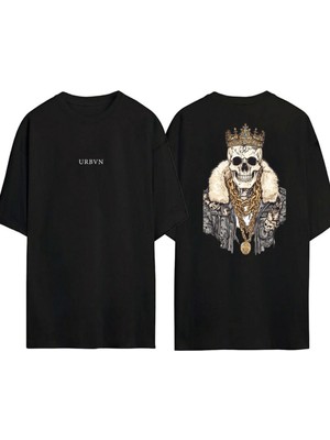 Urbvn King Skull Tasarım Baskılı Siyah Oversize T Shirt