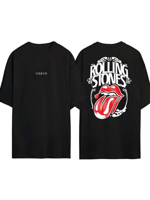 Urbvn Rolling Stones 7 Tasarım Baskılı Siyah Oversize T Shirt