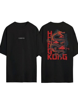 Urbvn Hong Kong Tasarım Baskılı Siyah Oversize T Shirt