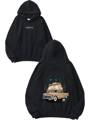 Urbvn Runs On Dreams Tasarım Baskılı Oversize Siyah Kapüşonlu Sweatshirt