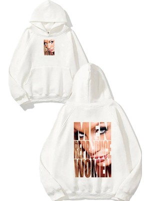 Urbvn Women Tasarım Baskılı Oversize Beyaz Kapüşonlu Sweatshirt