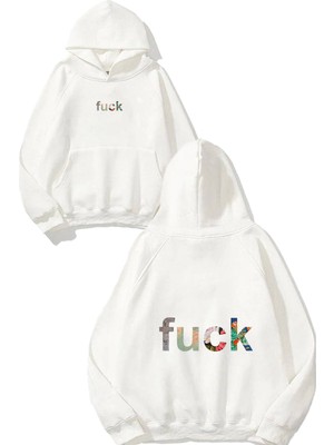 Urbvn F!ck Paint Tasarım Baskılı Oversize Beyaz Kapüşonlu Sweatshirt