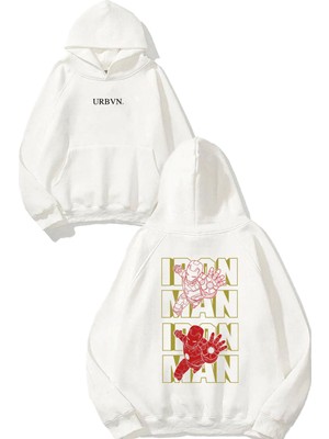 Urbvn Iron Man Yazı Tasarım Baskılı Oversize Beyaz Kapüşonlu Sweatshirt