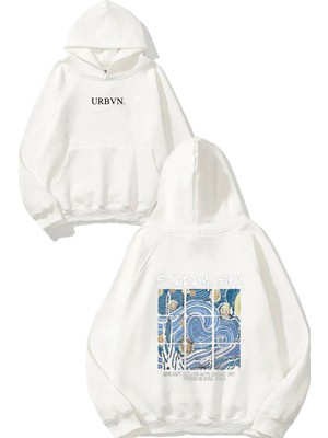 Urbvn Starry Sky Tasarım Baskılı Oversize Beyaz Kapüşonlu Sweatshirt