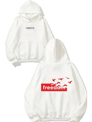Urbvn Freedom Red Tasarım Baskılı Oversize Beyaz Kapüşonlu Sweatshirt