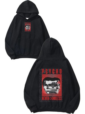 Urbvn Psycho 2 Tasarım Baskılı Oversize Siyah Kapüşonlu Sweatshirt
