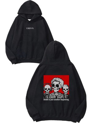 Urbvn Death Tasarım Baskılı Oversize Siyah Kapüşonlu Sweatshirt