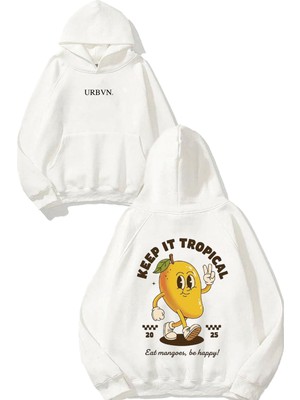 Urbvn Keep It Tropical Tasarım Baskılı Oversize Beyaz Kapüşonlu Sweatshirt
