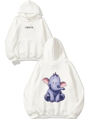 Urbvn Elephant Tasarım Baskılı Oversize Beyaz Kapüşonlu Sweatshirt