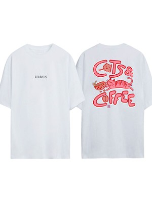 Urbvn Cats Coffee Tasarım Baskılı Beyaz Oversize T-Shirt