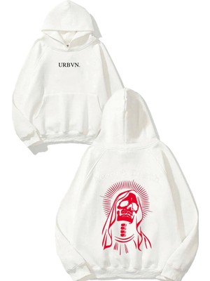 Urbvn Accept Death Tasarım Baskılı Oversize Beyaz Kapüşonlu Sweatshirt