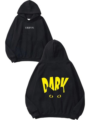 Urbvn Dark Yellow Tasarım Baskılı Oversize Siyah Kapüşonlu Sweatshirt