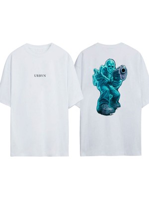 Urbvn Killer Skull Tasarım Baskılı Beyaz Oversize T-Shirt