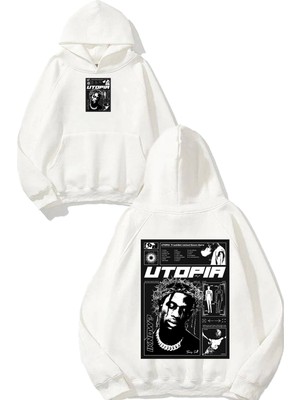 Urbvn Utopia Tasarım Baskılı Oversize Beyaz Kapüşonlu Sweatshirt