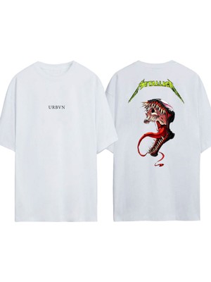 Urbvn Metallica Venom Tasarım Baskılı Beyaz Oversize T-Shirt
