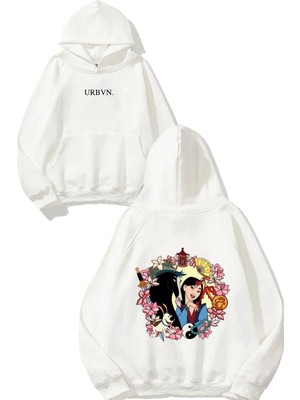 Urbvn Mulan Tasarım Baskılı Oversize Beyaz Kapüşonlu Sweatshirt