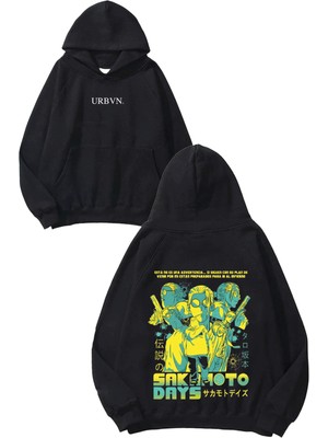 Urbvn Sakamoto Days Tasarım Baskılı Oversize Siyah Kapüşonlu Sweatshirt