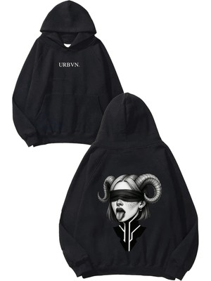 Urbvn Koç Kız Tasarım Baskılı Oversize Siyah Kapüşonlu Sweatshirt