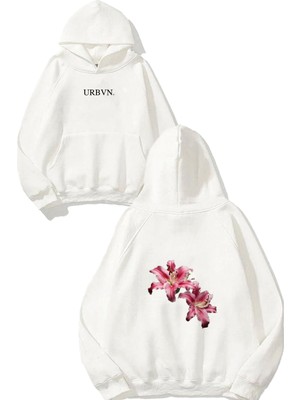Urbvn Çiçek Pembe Tasarım Baskılı Oversize Beyaz Kapüşonlu Sweatshirt