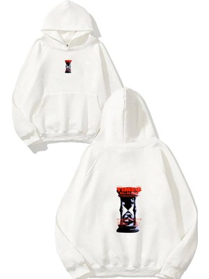 Urbvn Times Gone Tasarım Baskılı Oversize Beyaz Kapüşonlu Sweatshirt