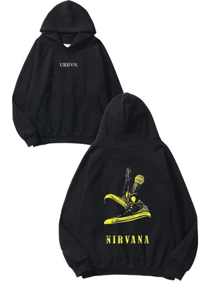 Urbvn Nirvana Sarı Tasarım Baskılı Oversize Siyah Kapüşonlu Sweatshirt