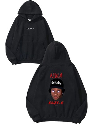 Urbvn Eazy E 1 Tasarım Baskılı Oversize Siyah Kapüşonlu Sweatshirt