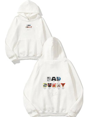 Urbvn Bad Bunny Tasarım Baskılı Oversize Beyaz Kapüşonlu Sweatshirt