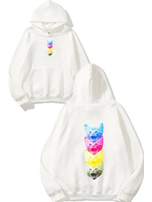 Urbvn Cat Faces Tasarım Baskılı Oversize Beyaz Kapüşonlu Sweatshirt