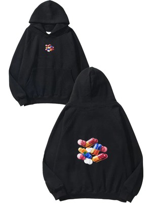 Urbvn Pills Tasarım Baskılı Oversize Siyah Kapüşonlu Sweatshirt