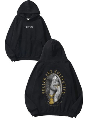 Urbvn Sullen Art Tasarım Baskılı Oversize Siyah Kapüşonlu Sweatshirt