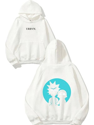 Urbvn Rick Morty Mavi Tasarım Baskılı Oversize Beyaz Kapüşonlu Sweatshirt