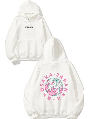 Urbvn Japan Osaka Tasarım Baskılı Oversize Beyaz Kapüşonlu Sweatshirt