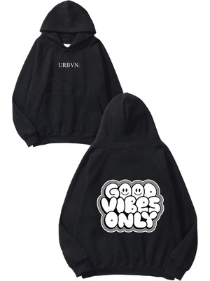 Urbvn Good Only Tasarım Baskılı Oversize Siyah Kapüşonlu Sweatshirt