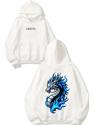 Urbvn Blue Fire Dragon Tasarım Baskılı Oversize Beyaz Kapüşonlu Sweatshirt