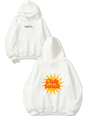 Urbvn Club Soleil Tasarım Baskılı Oversize Beyaz Kapüşonlu Sweatshirt