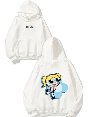 Urbvn Blue Bubblee Tasarım Baskılı Oversize Beyaz Kapüşonlu Sweatshirt