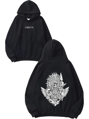 Urbvn Kızılderili Kurukafa Tasarım Baskılı Oversize Siyah Kapüşonlu Sweatshirt