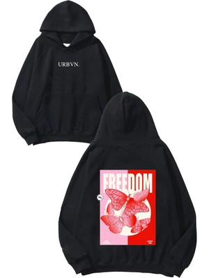 Urbvn Freedom Pink Tasarım Baskılı Oversize Siyah Kapüşonlu Sweatshirt