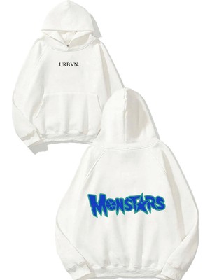 Urbvn Monstars Tasarım Baskılı Oversize Beyaz Kapüşonlu Sweatshirt