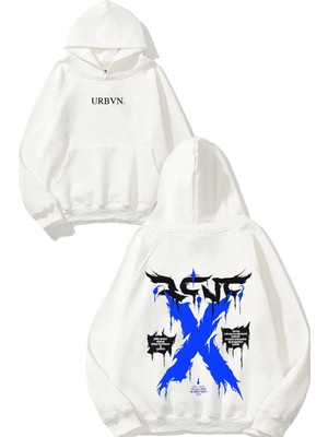 Urbvn x Blue Tasarım Baskılı Oversize Beyaz Kapüşonlu Sweatshirt