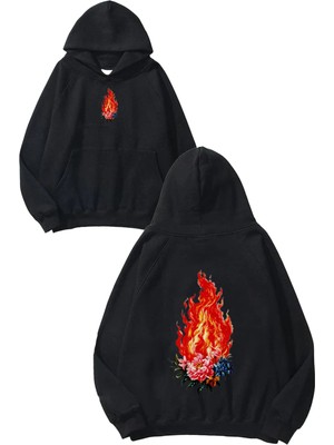 Urbvn Fire And Flower Tasarım Baskılı Oversize Siyah Kapüşonlu Sweatshirt