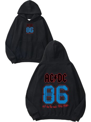 Urbvn Acdc 86 Tasarım Baskılı Oversize Siyah Kapüşonlu Sweatshirt